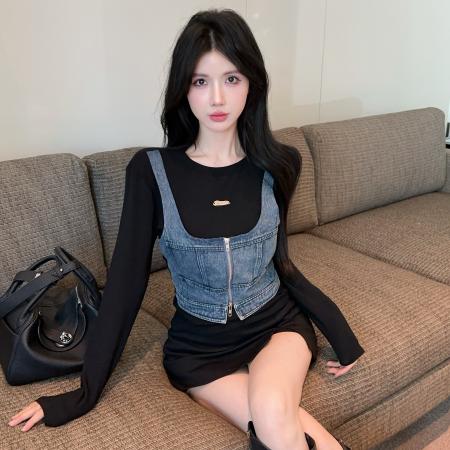FA45077# 新款欧货设计师款复古甜酷辣妹拼牛仔T恤上衣女潮百搭 服裝批發女裝批發服飾貨源