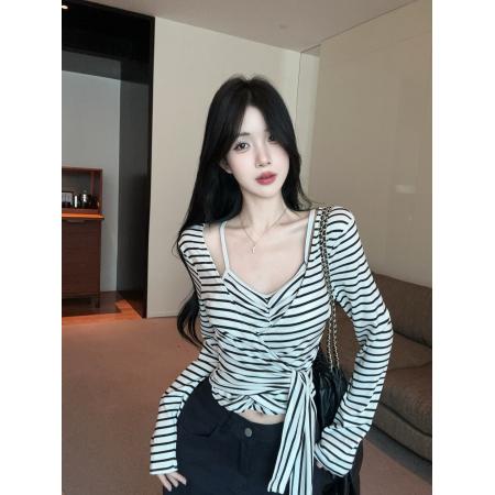 FA45078# 辣妹设计感假两件上衣收腰露肩叠穿条纹T恤 服裝批發女裝批發服飾貨源