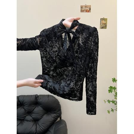 FA45080# 秋款修身T恤百搭长袖上衣女装水绒蕾丝 服裝批發女裝批發服飾貨源