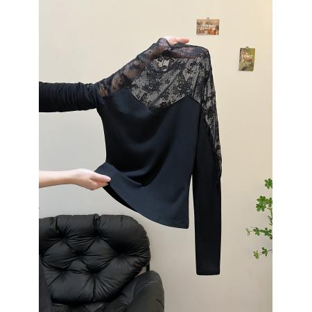 FA45082# 半高领蕾丝加绒打底衫女内搭秋冬法式掐腰紧身镂空叠穿网纱上衣 服裝批發女裝批發服飾貨源