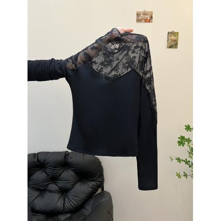 FA45082# 半高领蕾丝加绒打底衫女内搭秋冬法式掐腰紧身镂空叠穿网纱上衣 服裝批發女裝批發服飾貨源