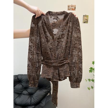 FA45083# 秋冬新款欧货洋气百搭绑带设计蕾丝衬衣打底衫性感女神潮流 服裝批發女裝批發服飾貨源