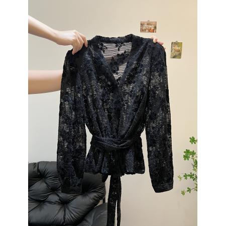 FA45083# 秋冬新款欧货洋气百搭绑带设计蕾丝衬衣打底衫性感女神潮流 服裝批發女裝批發服飾貨源