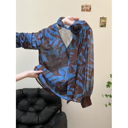 FA45084# 秋季法式复古长袖蓝色衬衫女新款小衫宽松减龄洋气上衣 服裝批發女裝批發服飾貨源