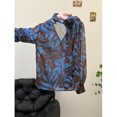 FA45084# 秋季法式复古长袖蓝色衬衫女新款小衫宽松减龄洋气上衣 服裝批發女裝批發服飾貨源