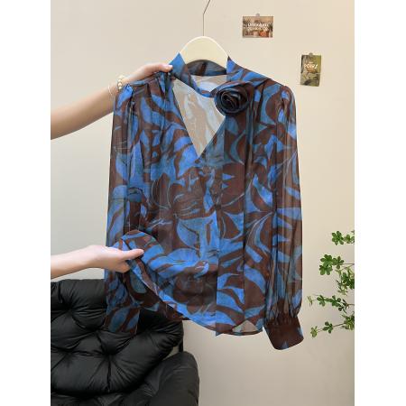 FA45084# 秋季法式复古长袖蓝色衬衫女新款小衫宽松减龄洋气上衣 服裝批發女裝批發服飾貨源