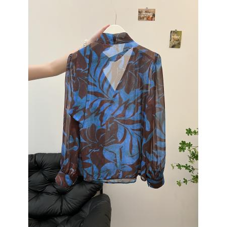 FA45084# 秋季法式复古长袖蓝色衬衫女新款小衫宽松减龄洋气上衣 服裝批發女裝批發服飾貨源