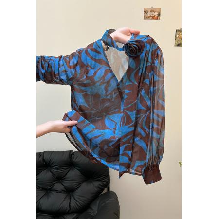 FA45084# 秋季法式复古长袖蓝色衬衫女新款小衫宽松减龄洋气上衣 服裝批發女裝批發服飾貨源