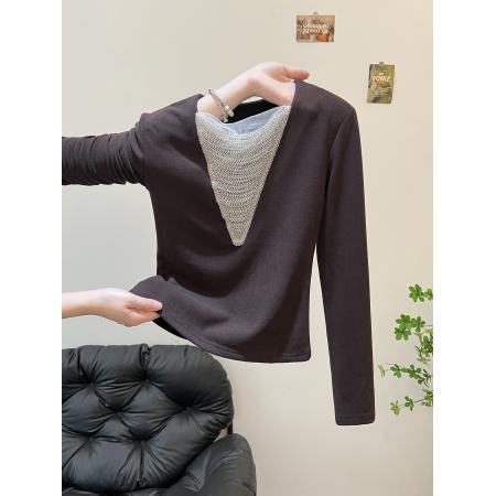 FA45085# 重工串珠拼接镂空长袖t恤女秋冬磨毛收腰修身显瘦内搭上衣潮 服裝批發女裝批發服飾貨源