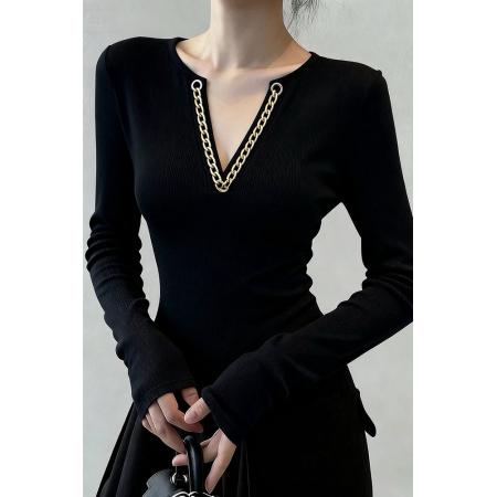 FA45091# 小众设计感掐腰黑色链条针织上衣女秋内搭高端时髦洋气超好看毛衣 服裝批發女裝批發服飾貨源