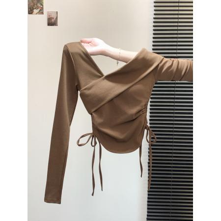 FA45092# V领爆美锁骨敲显瘦斜肩侧边抽绳长袖T恤女短款上衣 服裝批發女裝批發服飾貨源