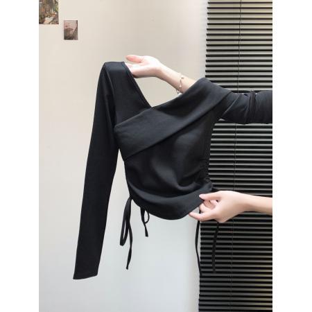 FA45092# V领爆美锁骨敲显瘦斜肩侧边抽绳长袖T恤女短款上衣 服裝批發女裝批發服飾貨源