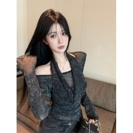 FA45096# 秋季新款纯欲荡领挂脖长袖小衫女辣妹修身显瘦内搭打底衫上衣 服裝批發女裝批發服飾貨源