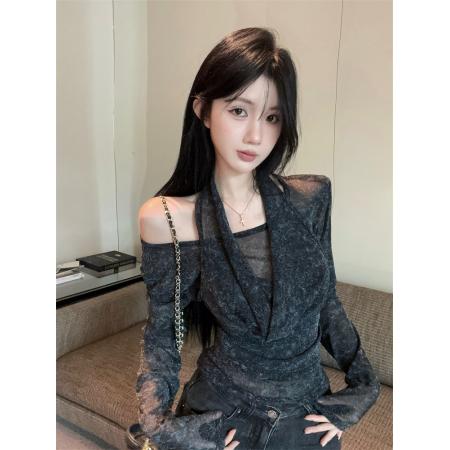 FA45096# 秋季新款纯欲荡领挂脖长袖小衫女辣妹修身显瘦内搭打底衫上衣 服裝批發女裝批發服飾貨源