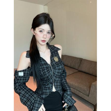 FA45097# 学院风Polo领格子衬衫女设计感小众秋季露肩上衣巨好看的衬衣 服裝批發女裝批發服飾貨源