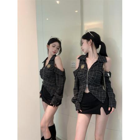FA45097# 学院风Polo领格子衬衫女设计感小众秋季露肩上衣巨好看的衬衣 服裝批發女裝批發服飾貨源