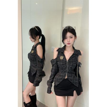FA45097# 学院风Polo领格子衬衫女设计感小众秋季露肩上衣巨好看的衬衣 服裝批發女裝批發服飾貨源
