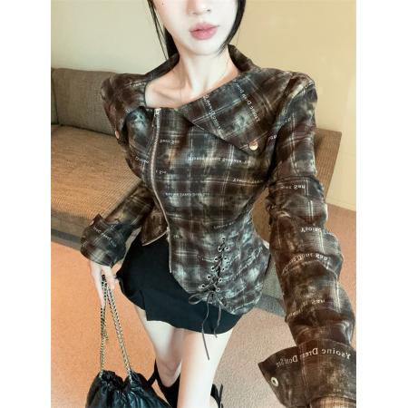 FA45098# 新款秋季美式复古气质格子设计感小众别致甜辣修身长袖上衣 服裝批發女裝批發服飾貨源