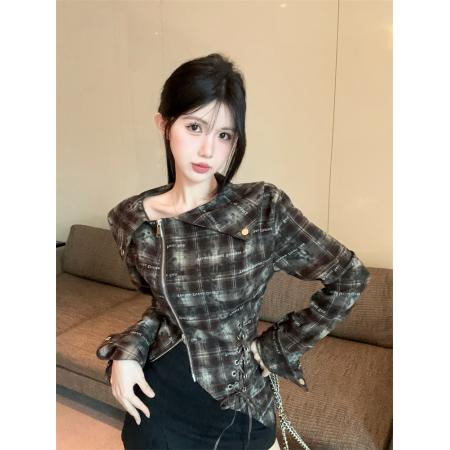 FA45098# 新款秋季美式复古气质格子设计感小众别致甜辣修身长袖上衣 服裝批發女裝批發服飾貨源