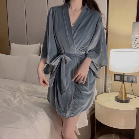FA45100# 丝绒睡衣甜美诱惑蕾丝深V低胸修身睡裙外袍家居套装 服裝批發女裝批發服飾貨源