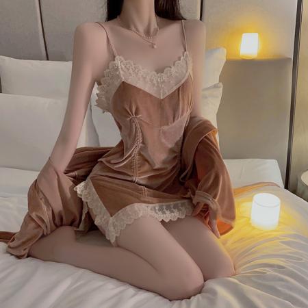 FA45100# 丝绒睡衣甜美诱惑蕾丝深V低胸修身睡裙外袍家居套装 服裝批發女裝批發服飾貨源