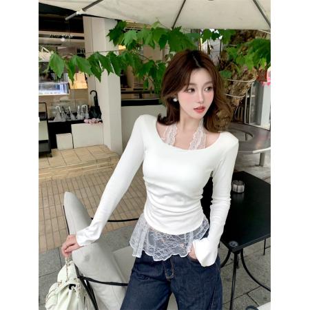 FA45101# 不减假两件蕾丝拼接挂脖长袖T恤女带胸垫修身绝美打底衫 服裝批發女裝批發服飾貨源