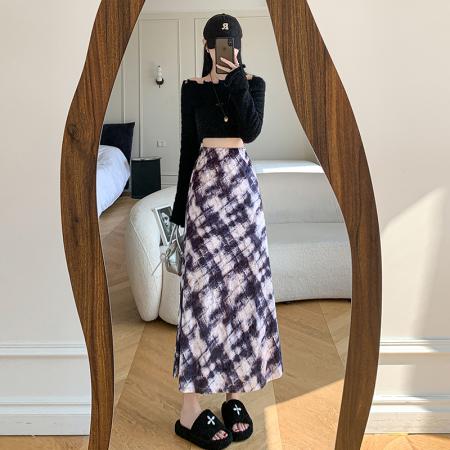 FA45103# 复古格子丝绒半身裙女秋冬新款高腰晕染垂感显瘦气质直筒百搭长裙 服裝批發女裝批發服飾貨源