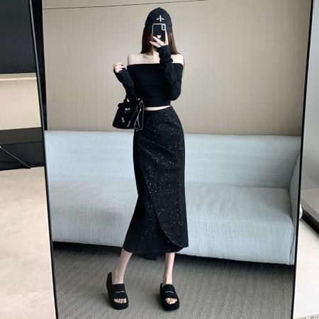 FA45105# 韩版简约高腰细闪拼接亮片精致显瘦时尚包臀柔软呢子半身裙女 服裝批發女裝批發服飾貨源