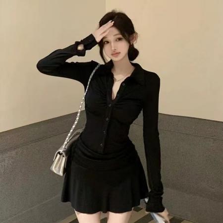 FA45107# 美式Polo领黑色长袖连衣裙纯欲辣妹褶皱运动修身收腰显瘦短裙裙子 服裝批發女裝批發服飾貨源