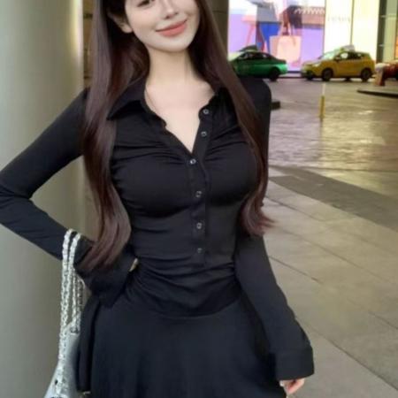 FA45107# 美式Polo领黑色长袖连衣裙纯欲辣妹褶皱运动修身收腰显瘦短裙裙子 服裝批發女裝批發服飾貨源
