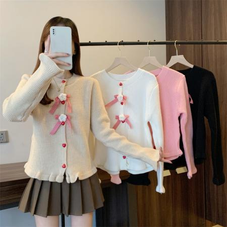 FA45108# 批发价新款休闲百搭立体花朵单排扣开衫针织毛衣上衣女 服裝批發女裝批發服飾貨源