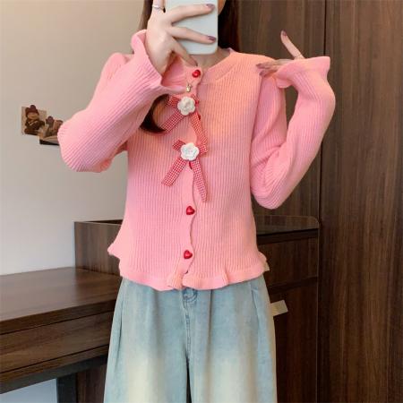 FA45108# 批发价新款休闲百搭立体花朵单排扣开衫针织毛衣上衣女 服裝批發女裝批發服飾貨源