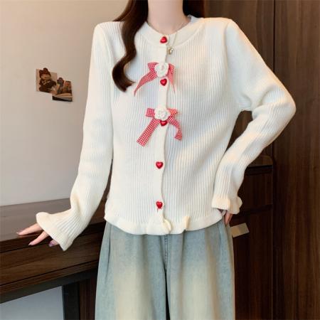 FA45108# 批发价新款休闲百搭立体花朵单排扣开衫针织毛衣上衣女 服裝批發女裝批發服飾貨源