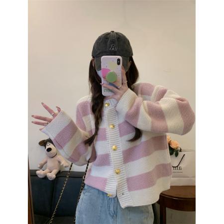 FA45109# 批发价秋冬新款休闲百搭大条纹设计感撞色开衫针织上衣 服裝批發女裝批發服飾貨源