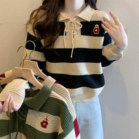 FA45110# 批发价新款POLO领系带设计感撞色刺绣百搭针织上衣女 服裝批發女裝批發服飾貨源