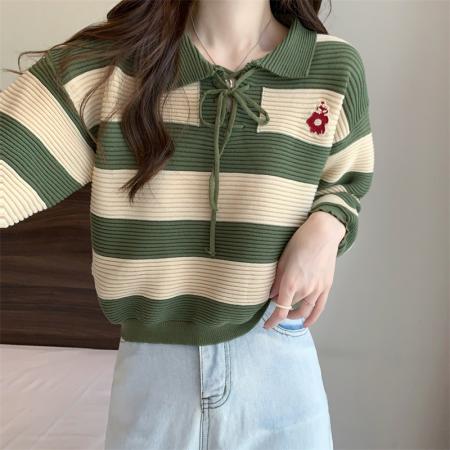 FA45110# 批发价新款POLO领系带设计感撞色刺绣百搭针织上衣女 服裝批發女裝批發服飾貨源