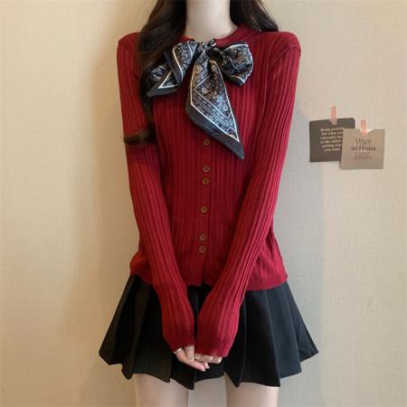 FA45112# 批发价秋冬新款休闲百搭丝巾系带装饰开衫针织上衣女 服裝批發女裝批發服飾貨源