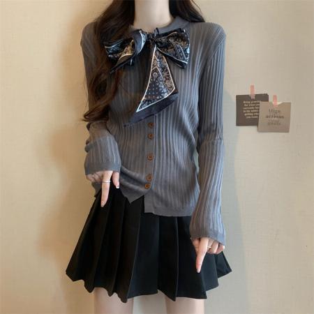 FA45112# 批发价秋冬新款休闲百搭丝巾系带装饰开衫针织上衣女 服裝批發女裝批發服飾貨源