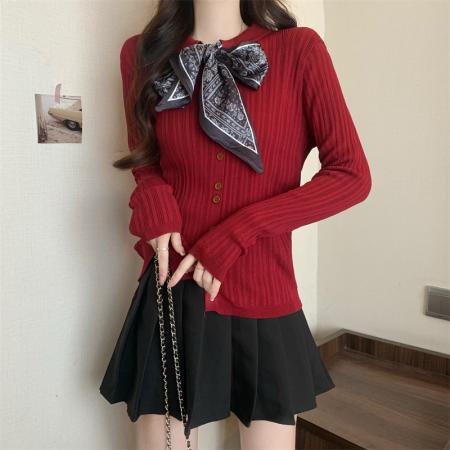 FA45112# 批发价秋冬新款休闲百搭丝巾系带装饰开衫针织上衣女 服裝批發女裝批發服飾貨源