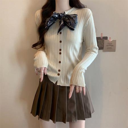 FA45112# 批发价秋冬新款休闲百搭丝巾系带装饰开衫针织上衣女 服裝批發女裝批發服飾貨源
