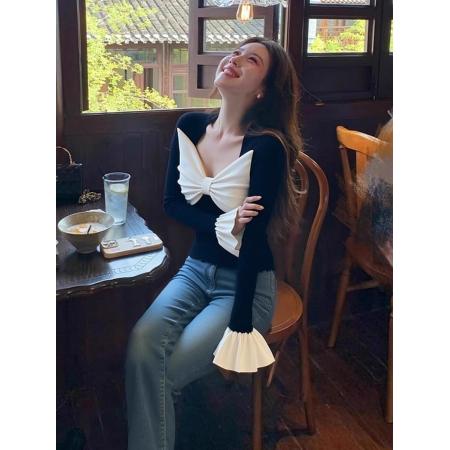 FA45114# 法式蝴蝶结拼接修身打底衫女内搭高级设计感早秋撞色绝美长袖上衣 服裝批發女裝批發服飾貨源