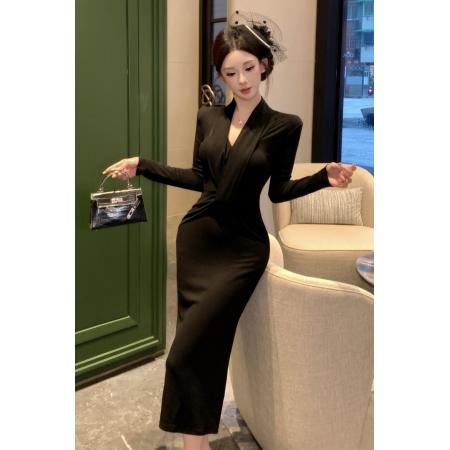FA45119# 纯欲性感扭结V领长袖连衣裙女新款设计感小众收腰包臀长裙子 服裝批發女裝批發服飾貨源