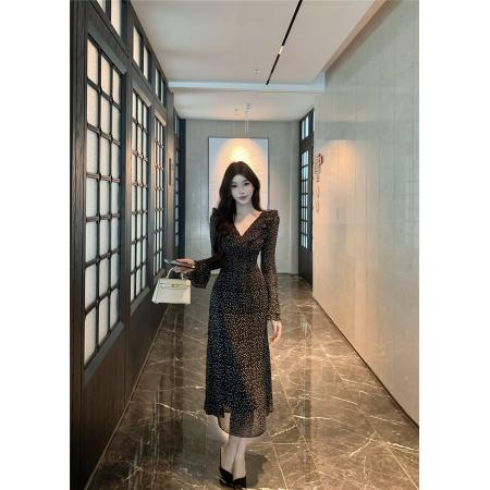 FA45120# 御姐穿搭秋夏复古波点连衣裙女新款高端气质减龄黑色长袖裙子 服裝批發女裝批發服飾貨源