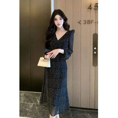 FA45120# 御姐穿搭秋夏复古波点连衣裙女新款高端气质减龄黑色长袖裙子 服裝批發女裝批發服飾貨源