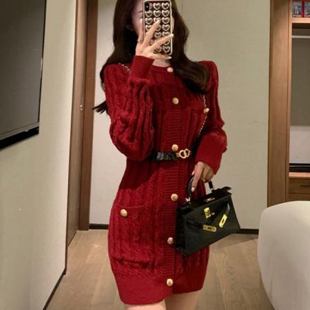 FA45123# 红色连体毛衣女秋季小香风长袖气质收腰修身麻花中长款针织连衣裙 服裝批發女裝批發服飾貨源
