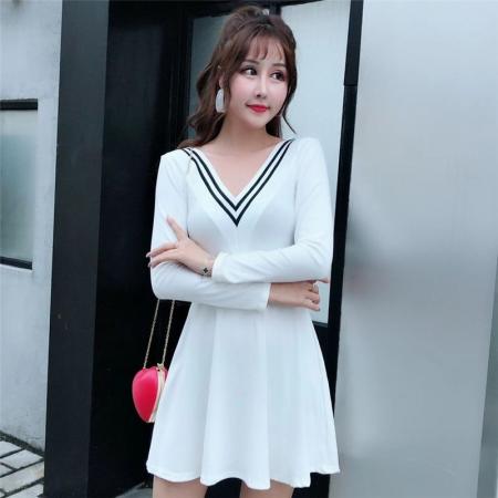 FA45124# 新款V领撞色连衣裙女长袖收腰显瘦气质减龄A字裙短裙 服裝批發女裝批發服飾貨源