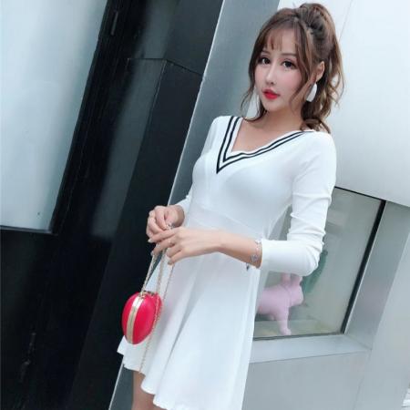FA45124# 新款V领撞色连衣裙女长袖收腰显瘦气质减龄A字裙短裙 服裝批發女裝批發服飾貨源