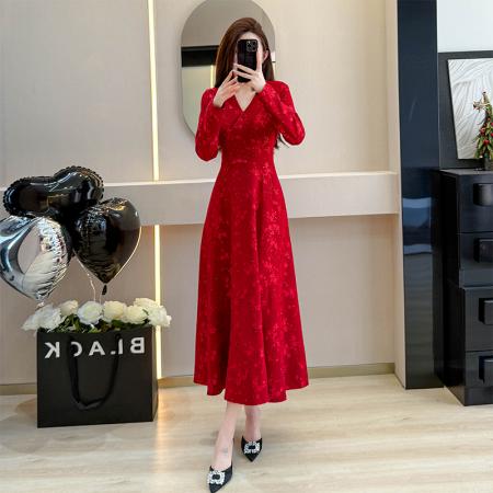 FA45126# 春秋长袖连衣裙女新款长裙V领修身大摆轻奢高级感显瘦裙长款 服裝批發女裝批發服飾貨源
