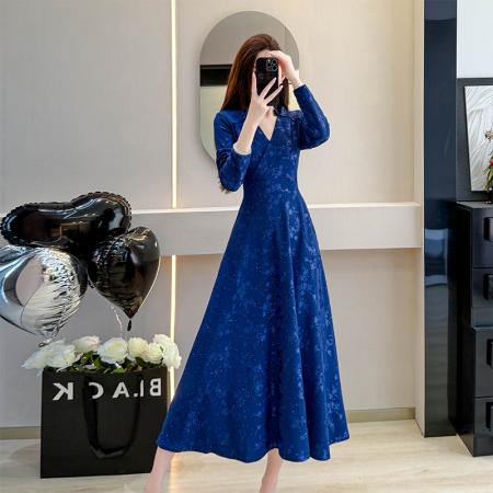 FA45126# 春秋长袖连衣裙女新款长裙V领修身大摆轻奢高级感显瘦裙长款 服裝批發女裝批發服飾貨源