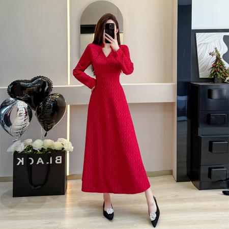FA45128# 红色连衣裙秋装05新款高级感气质显瘦裙子女春秋提花长款连身裙 服裝批發女裝批發服飾貨源